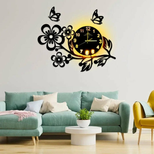 flower shaped wooden wall clock with light
