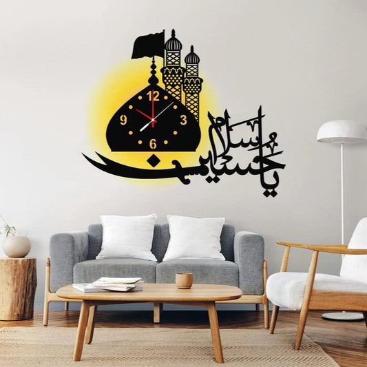 ya hussain salam wooden wall clock with light